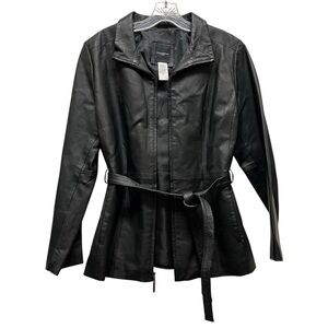 Vintage Genuine Leather Jacket Full Zip Belted Lined Petite Large Black